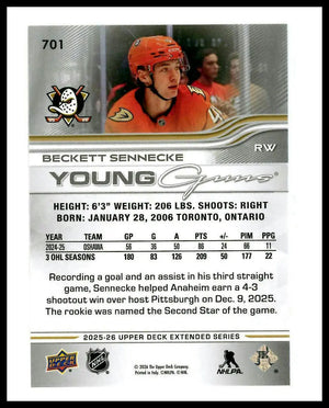 2025-26 Upper Deck Extended Series Young Guns Rookie Beckett Sennecke RC (B) 