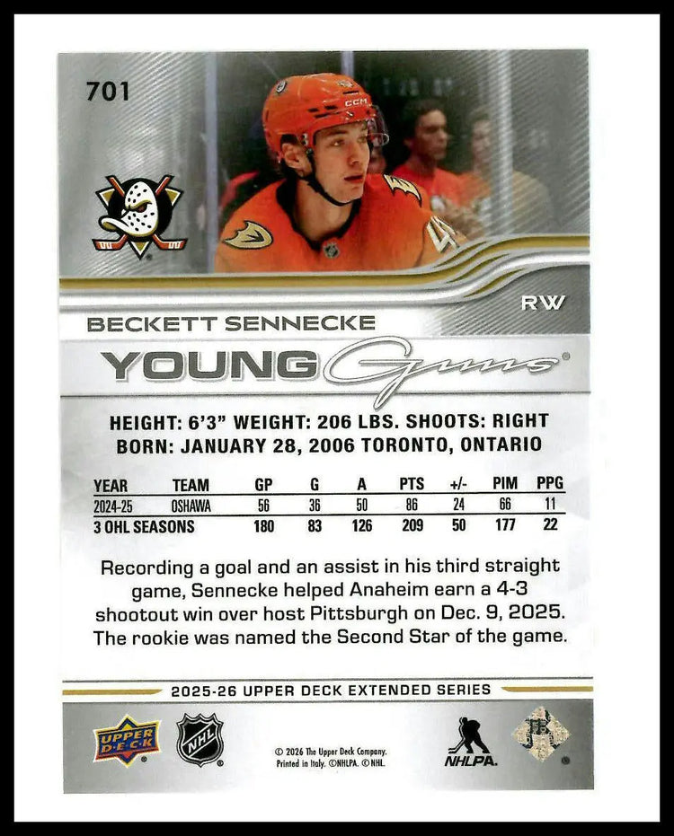 2025-26 Upper Deck Extended Series Young Guns Rookie Beckett Sennecke RC (B) 