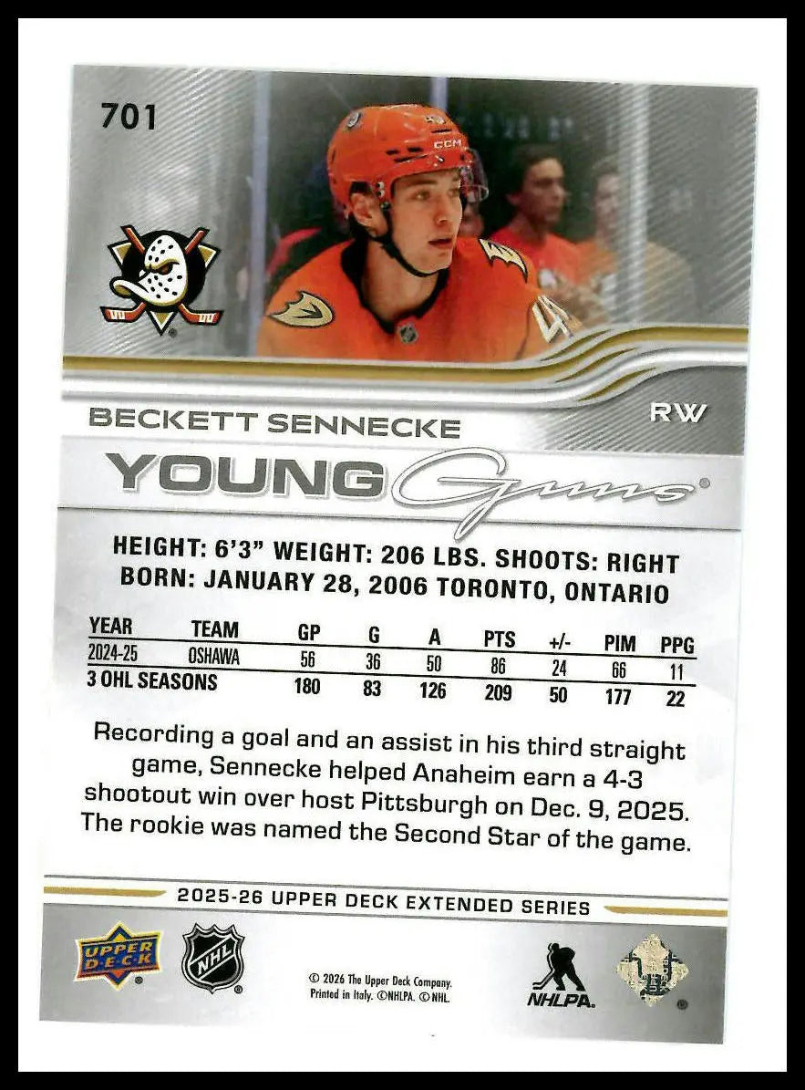 2025-26 Upper Deck Extended Series Young Guns Rookie Beckett Sennecke RC (D) 