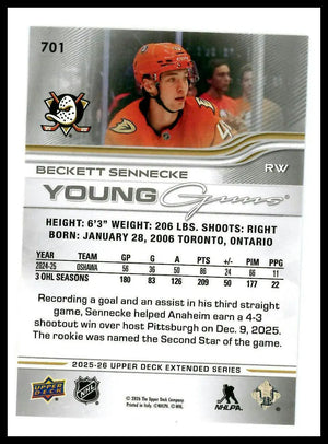 2025-26 Upper Deck Extended Series Young Guns Rookie Beckett Sennecke RC (D) 