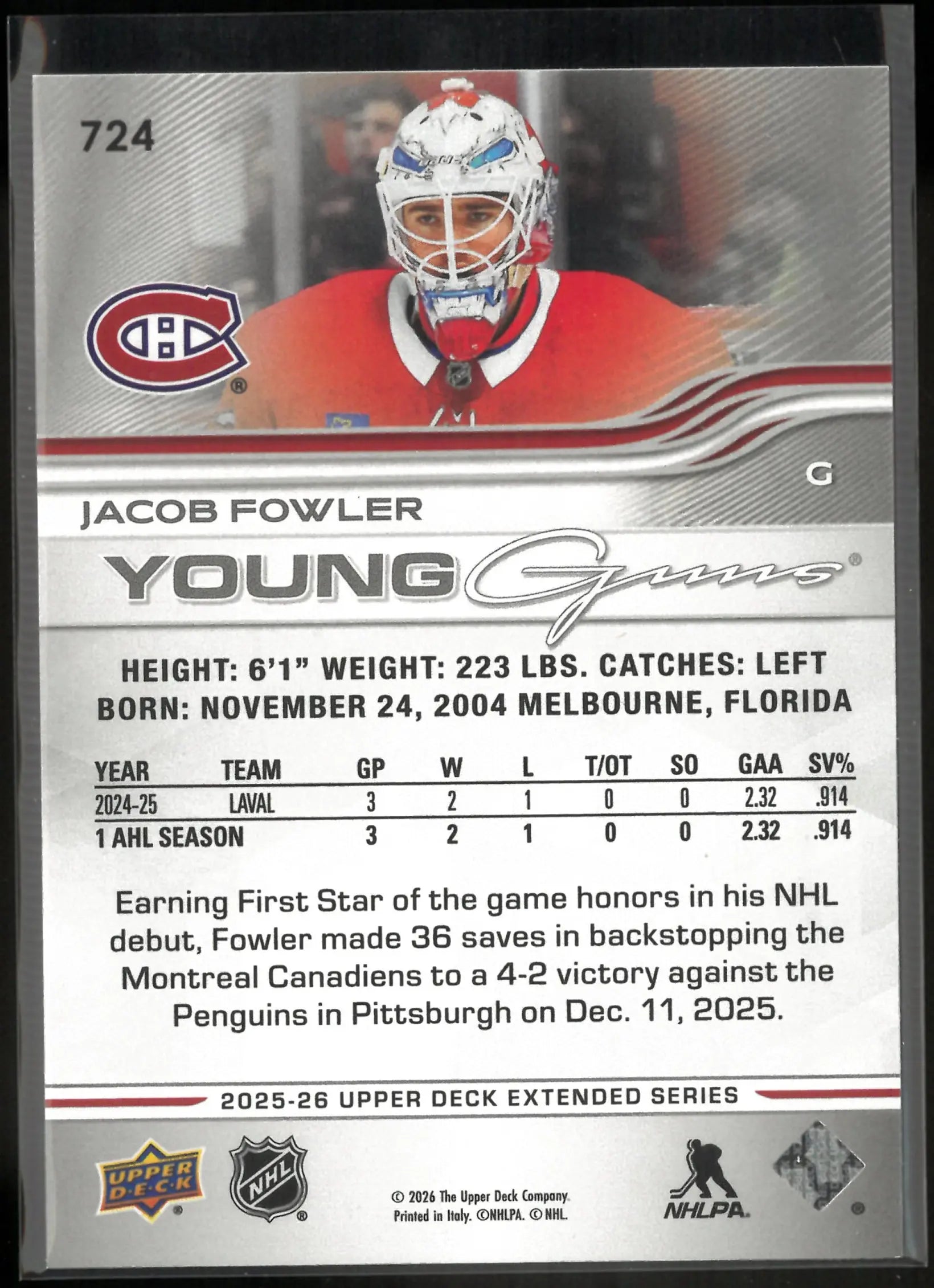 2025-26 Upper Deck Extended Series Young Guns Rookie Jacob Fowler 
