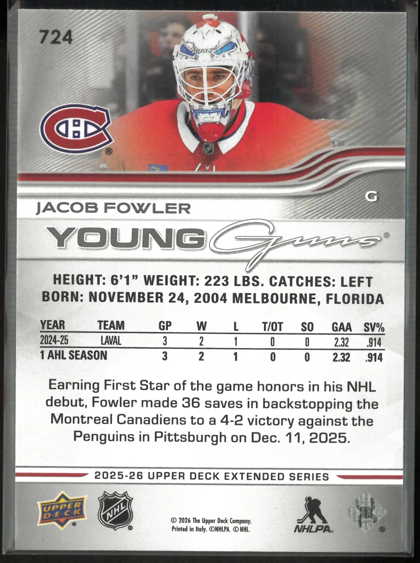 2025-26 Upper Deck Extended Series Young Guns Rookie Jacob Fowler 
