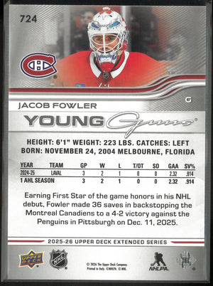 2025-26 Upper Deck Extended Series Young Guns Rookie Jacob Fowler 
