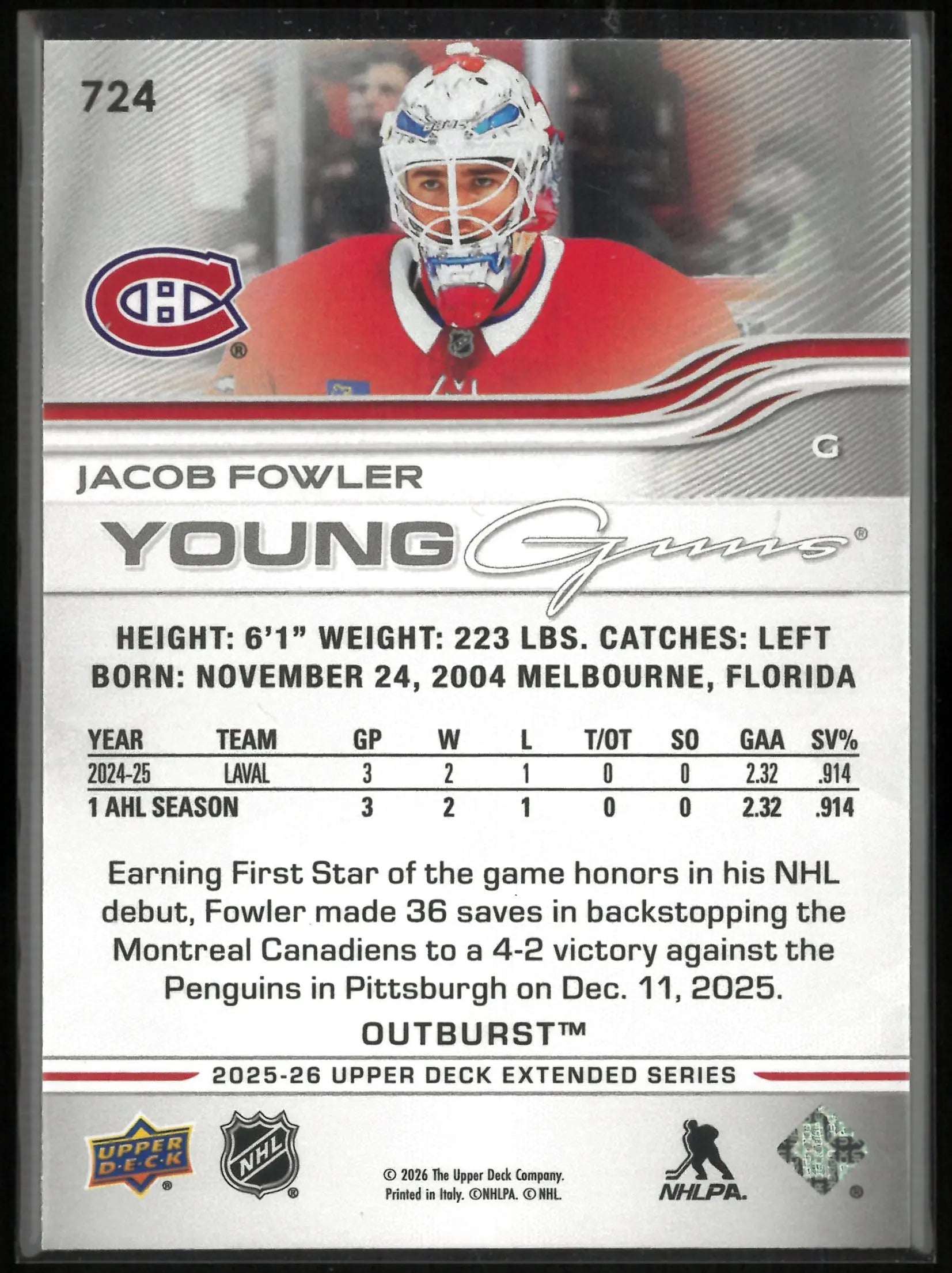 2025-26 Upper Deck Extended Series Young Guns Rookie Jacob Fowler Outburst RC 