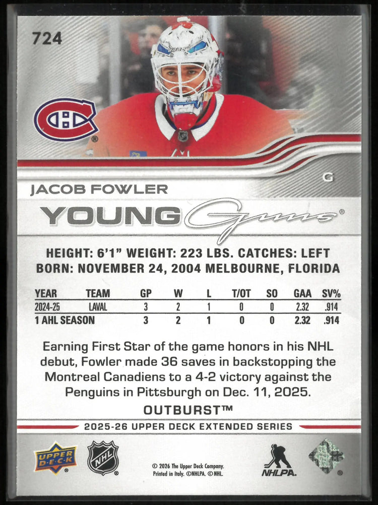 2025-26 Upper Deck Extended Series Young Guns Rookie Jacob Fowler Outburst RC 