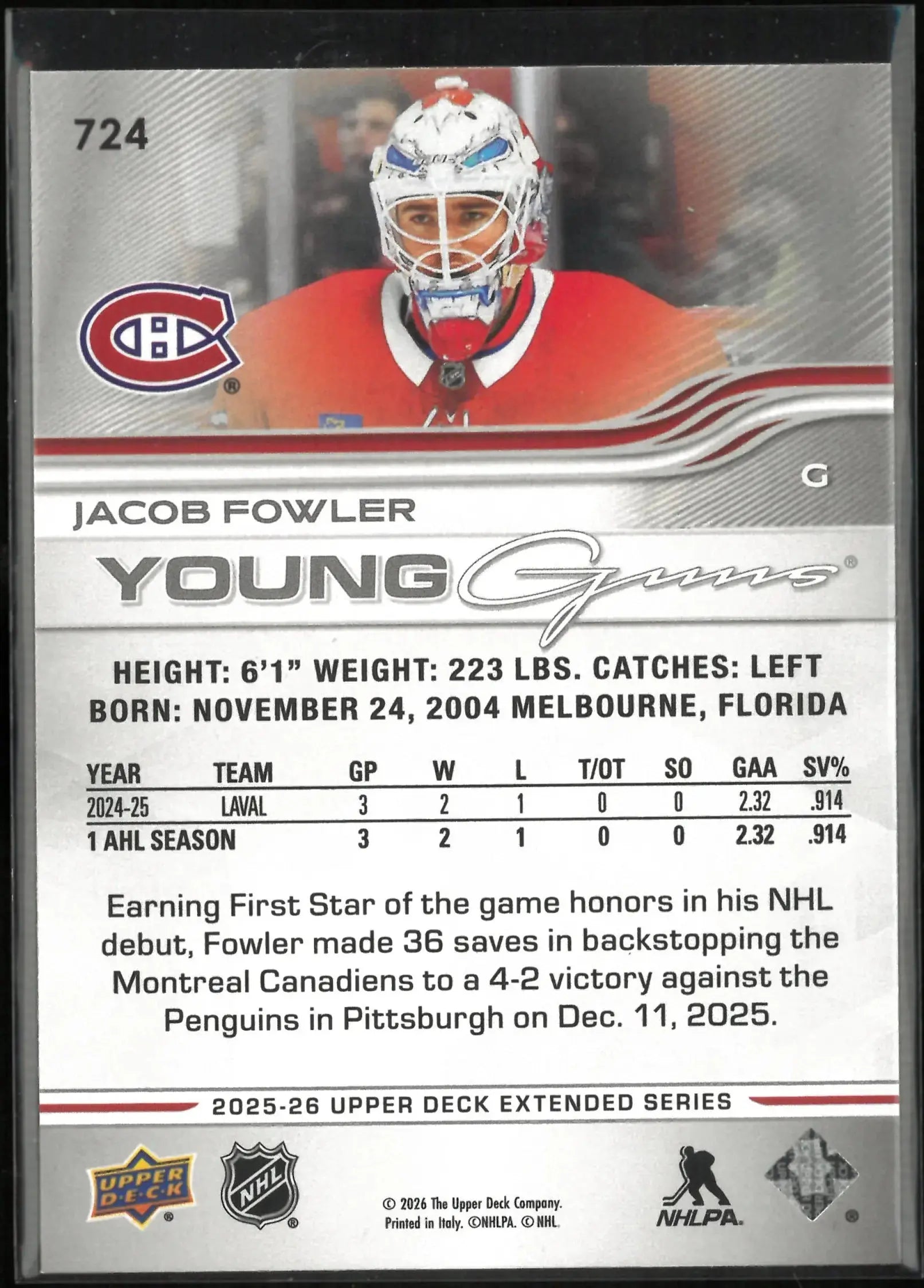 2025-26 Upper Deck Extended Series Young Guns Rookie Jacob Fowler RC 