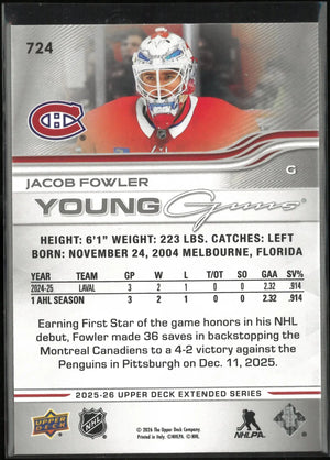2025-26 Upper Deck Extended Series Young Guns Rookie Jacob Fowler RC 