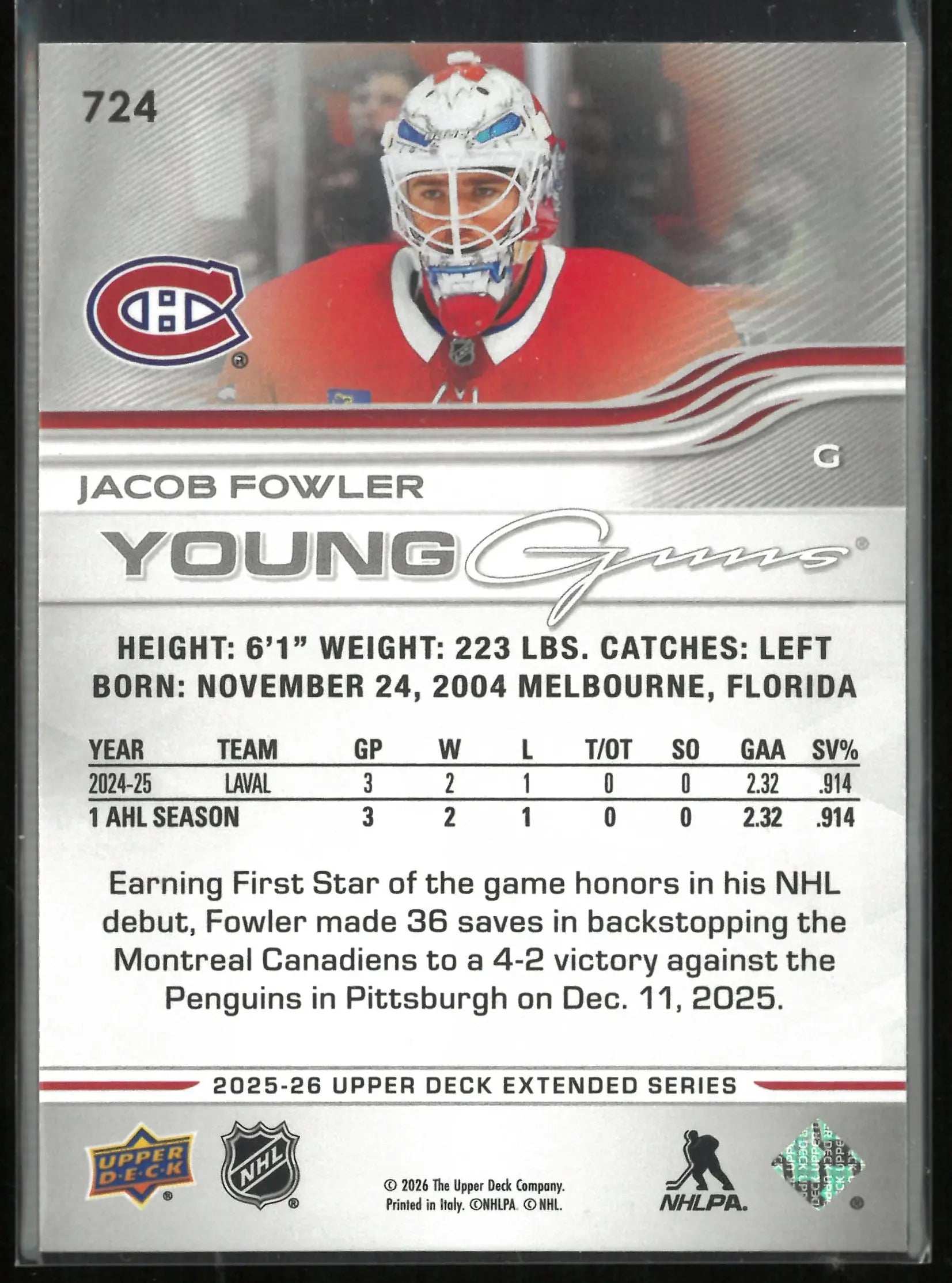 2025-26 Upper Deck Extended Series Young Guns Rookie Jacob Fowler RC 