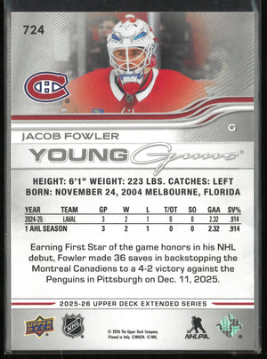 2025-26 Upper Deck Extended Series Young Guns Rookie Jacob Fowler RC 