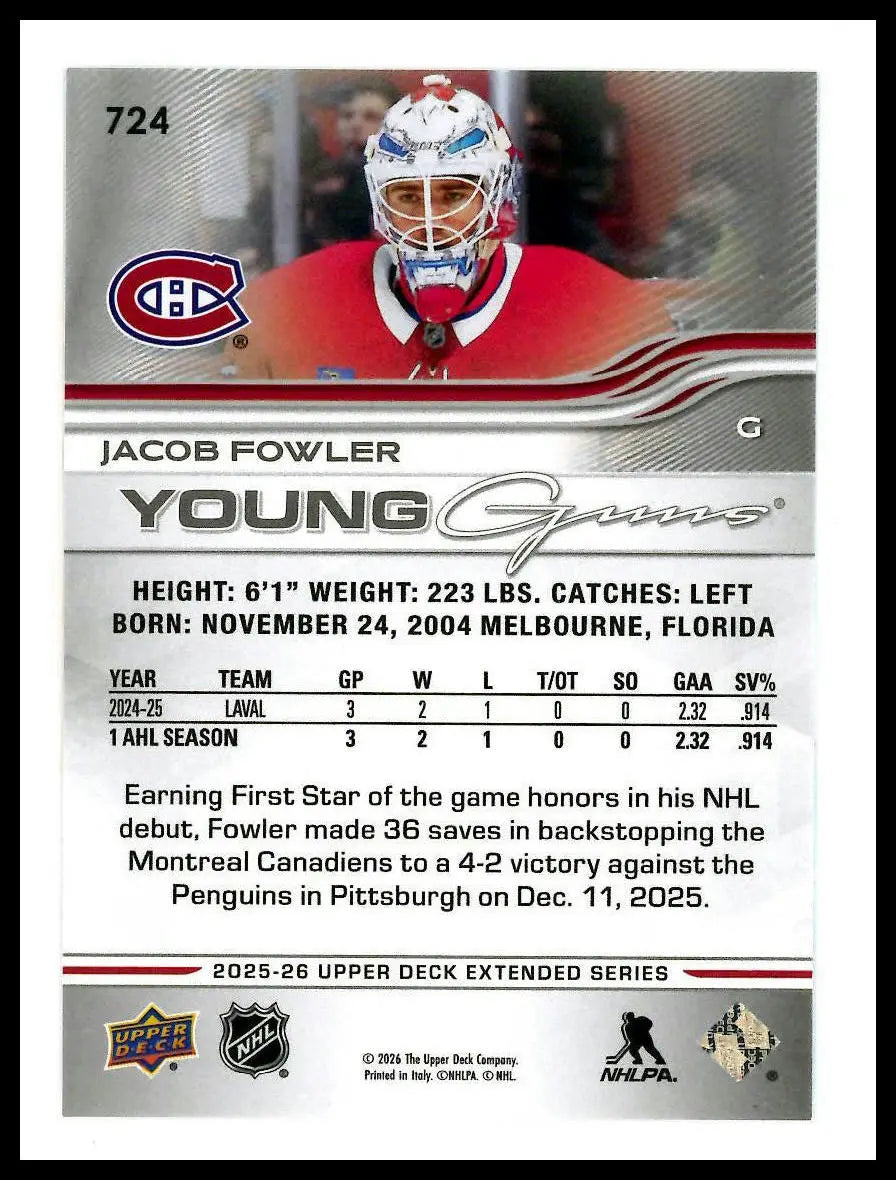 2025-26 Upper Deck Extended Series Young Guns Rookie Jacob Fowler RC (A) 