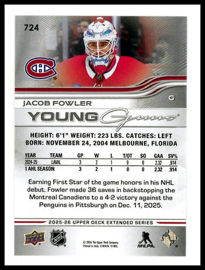 2025-26 Upper Deck Extended Series Young Guns Rookie Jacob Fowler RC (A) 