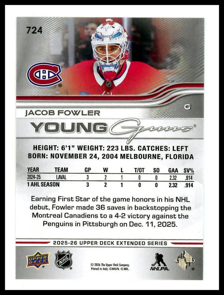 2025-26 Upper Deck Extended Series Young Guns Rookie Jacob Fowler RC (A) 