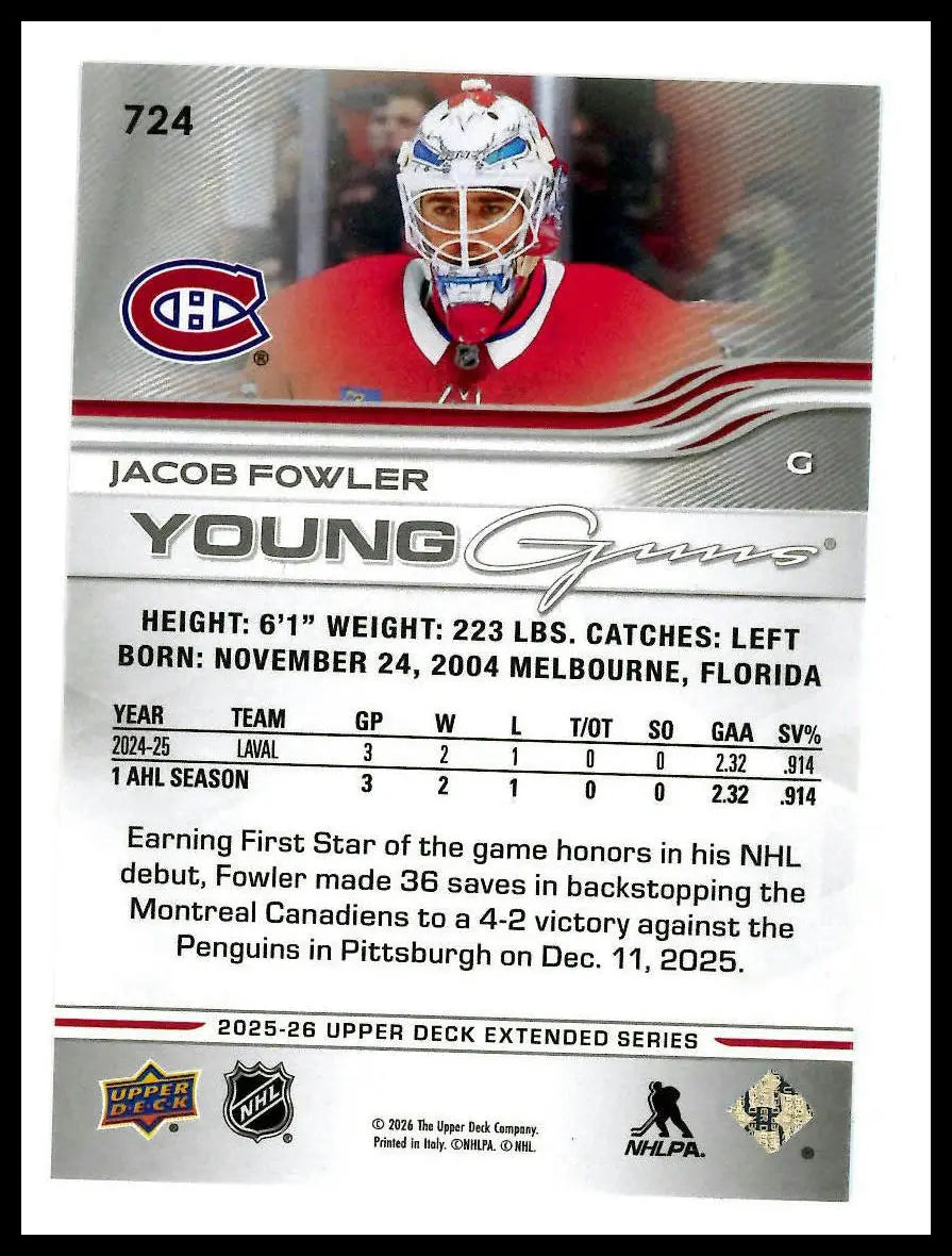2025-26 Upper Deck Extended Series Young Guns Rookie Jacob Fowler RC (B) 