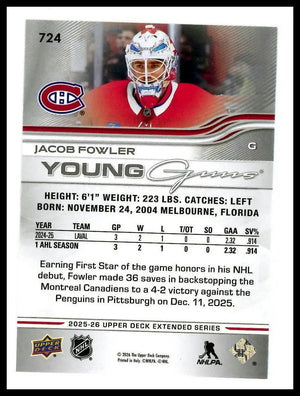 2025-26 Upper Deck Extended Series Young Guns Rookie Jacob Fowler RC (B) 