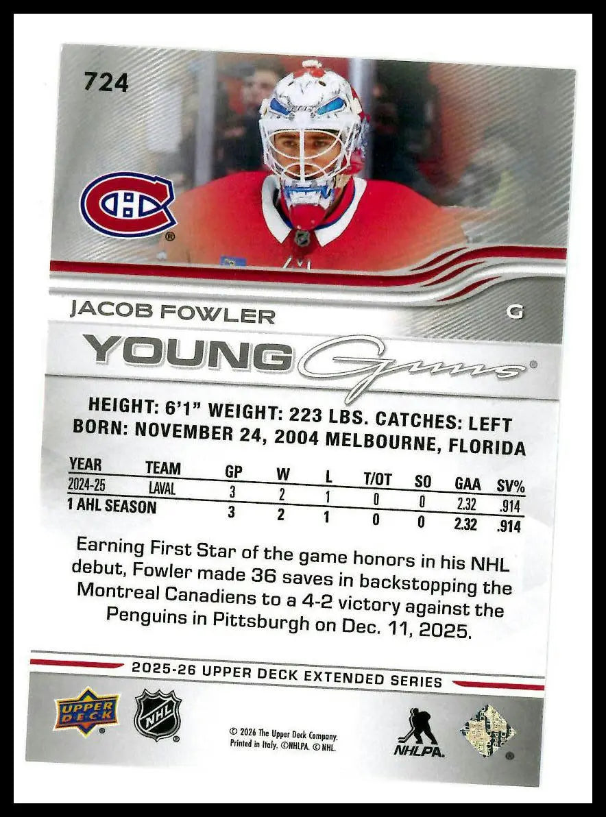 2025-26 Upper Deck Extended Series Young Guns Rookie Jacob Fowler RC (C) 