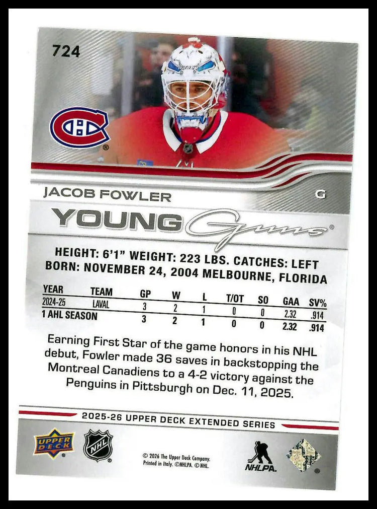2025-26 Upper Deck Extended Series Young Guns Rookie Jacob Fowler RC (C) 