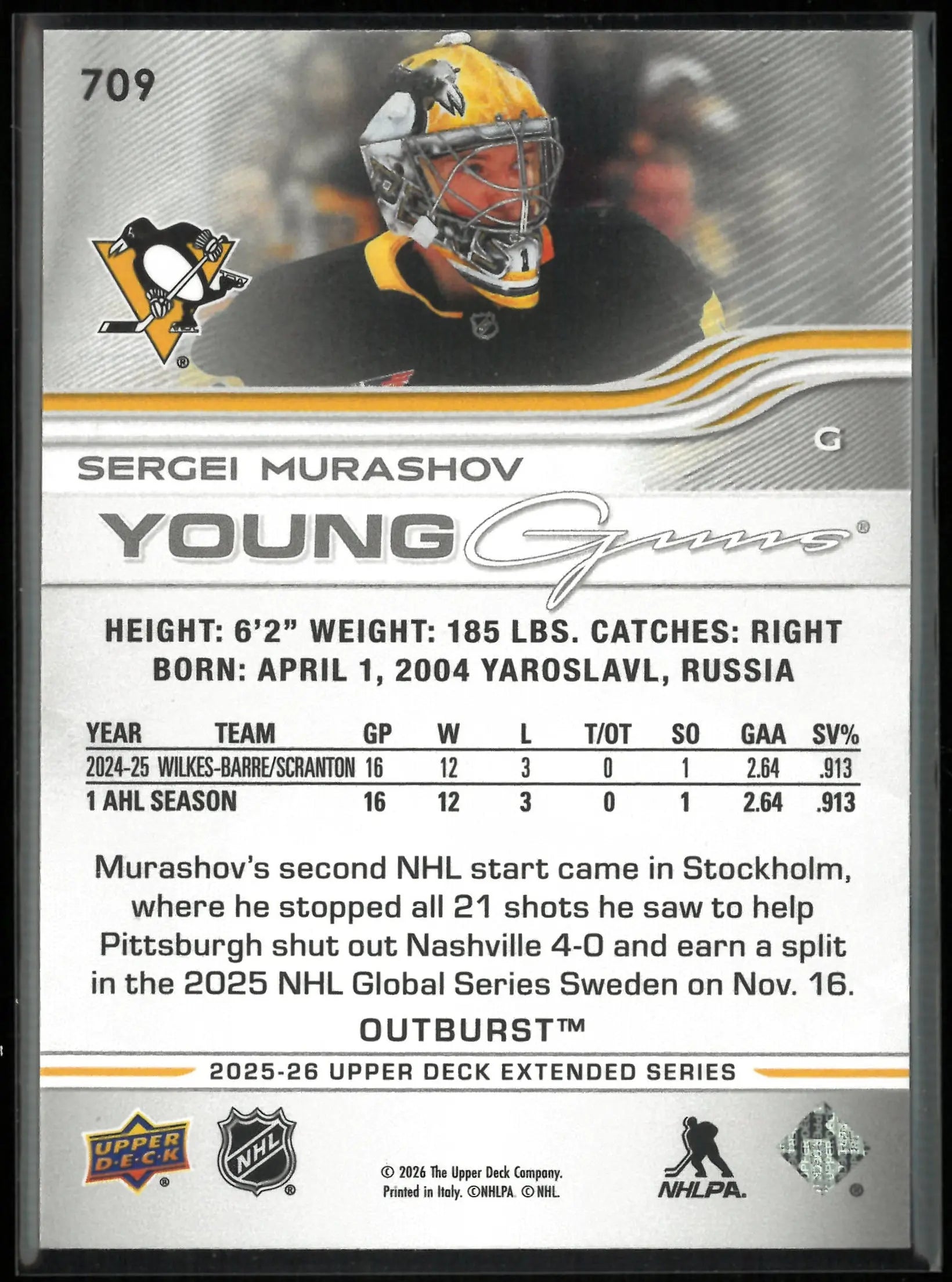 2025-26 Upper Deck Extended Series Young Guns Rookie Sergei Murashov Outburst RC 