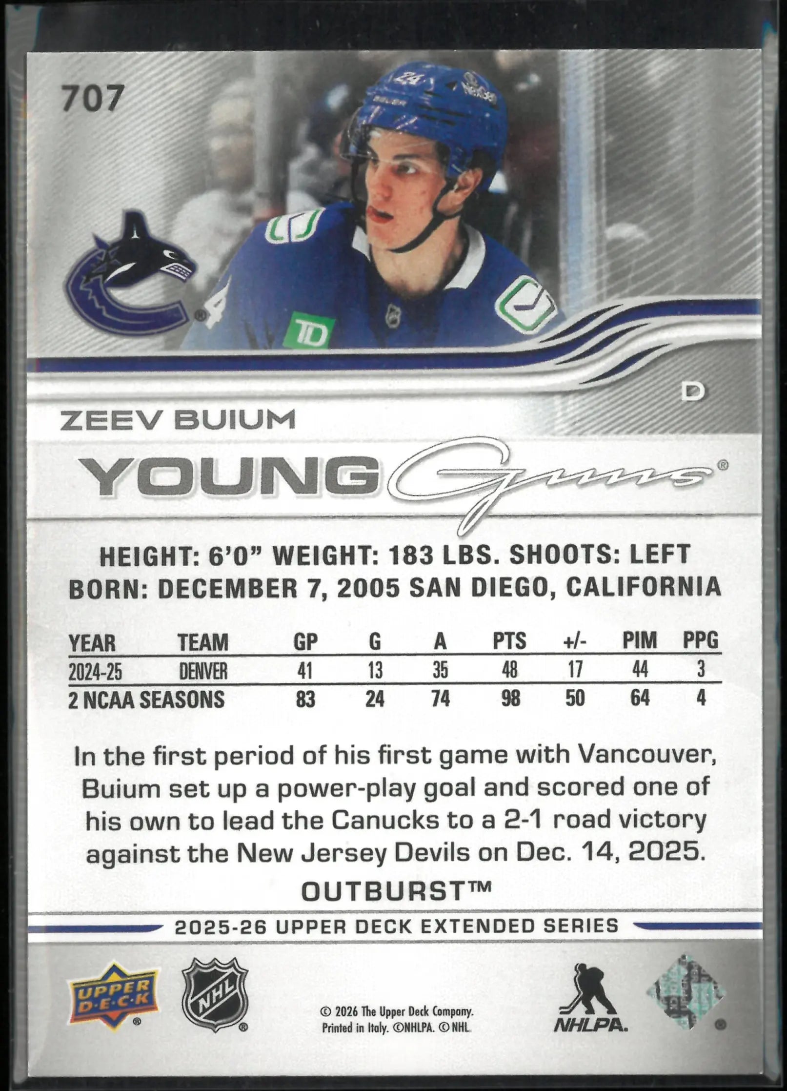 2025-26 Upper Deck Extended Series Young Guns Rookie Zeev Buium Outburst RC 