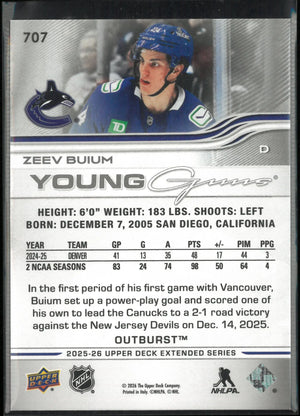 2025-26 Upper Deck Extended Series Young Guns Rookie Zeev Buium Outburst RC 