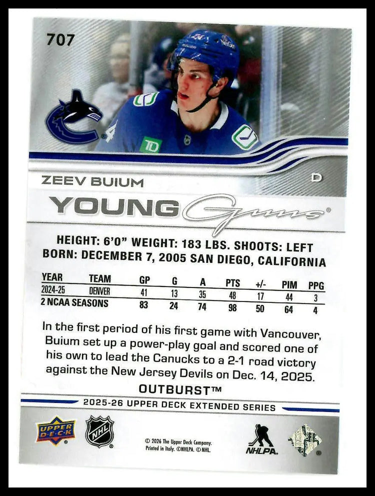 2025-26 Upper Deck Extended Series Young Guns Rookie Zeev Buium Outburst RC 