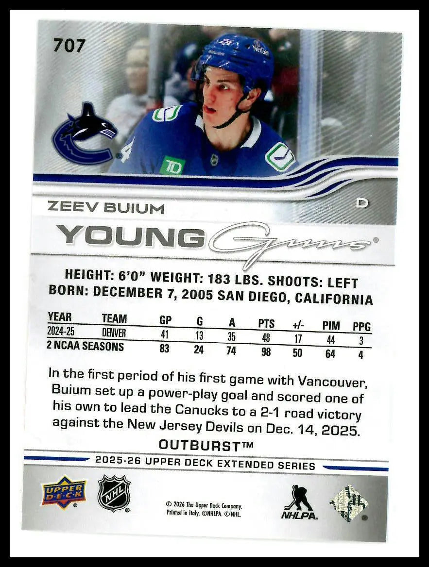 2025-26 Upper Deck Extended Series Young Guns Rookie Zeev Buium Outburst RC 