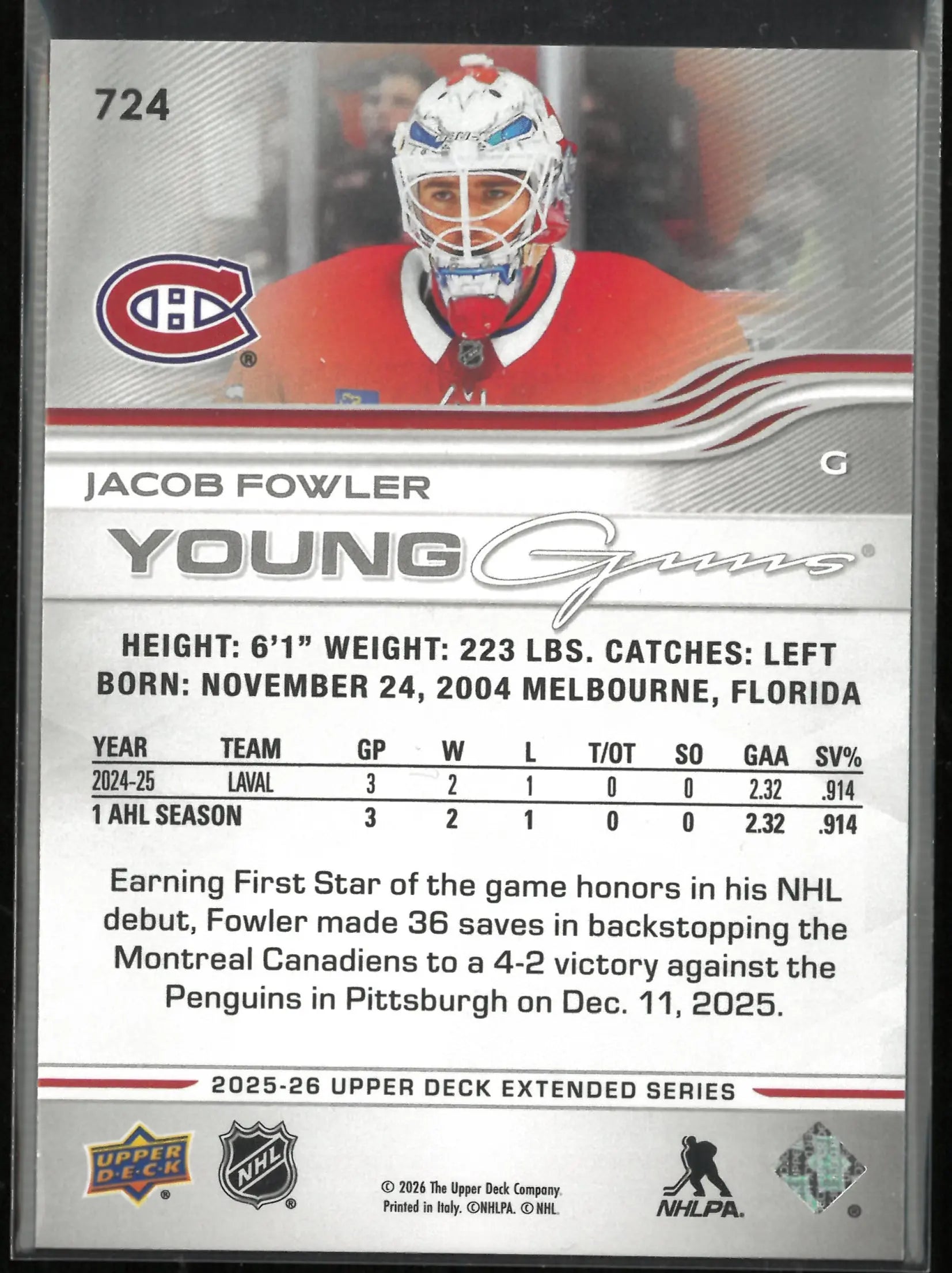 2025-26 Upper Deck Extended Series Young Guns Rookies Jacob Fowler RC 