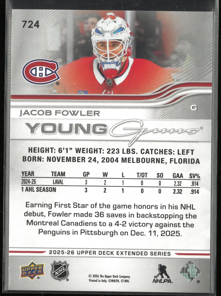 2025-26 Upper Deck Extended Series Young Guns Rookies Jacob Fowler RC 