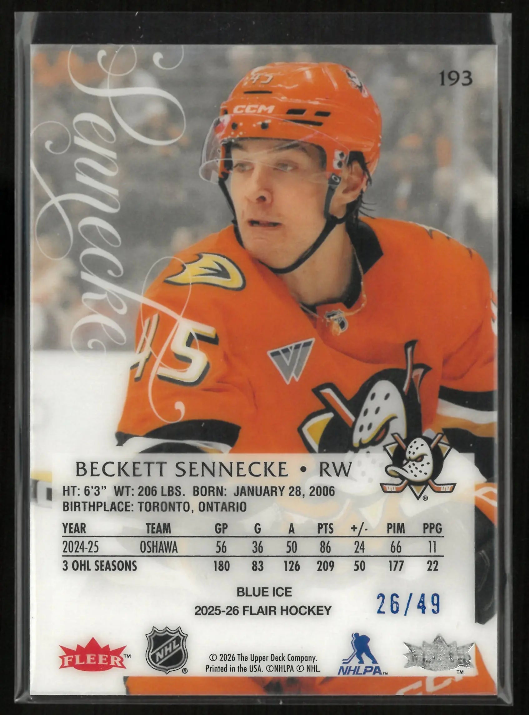2025-26 Upper Deck Flair Blue Ice Beckett Sennecke 