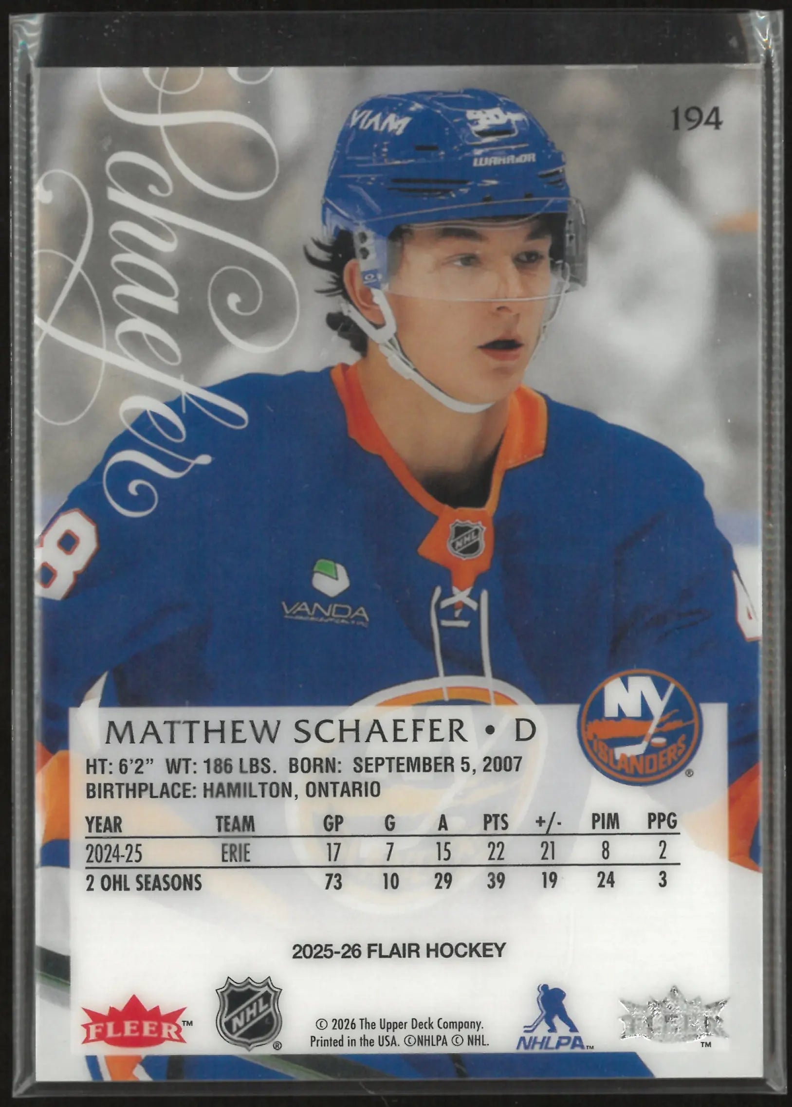 2025-26 Upper Deck Flair Matthew Schaefer Rookie RC 