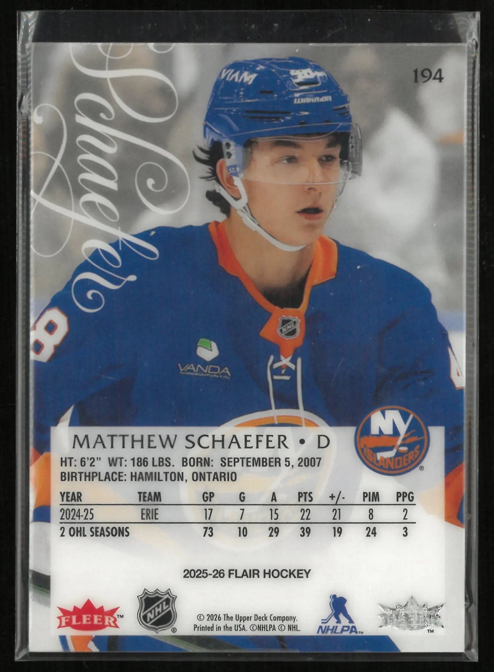 2025-26 Upper Deck Flair Matthew Schaefer Rookie RC  (CG) 