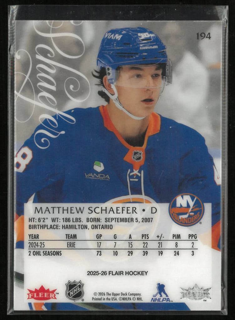 2025-26 Upper Deck Flair Matthew Schaefer Rookie RC  (CG) 