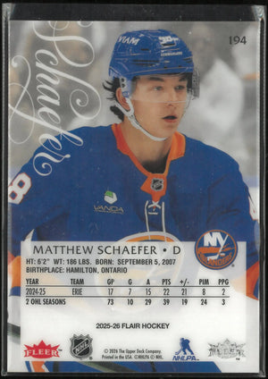 2025-26 Upper Deck Fleer Flair Rookie Matthew Schaefer RC 