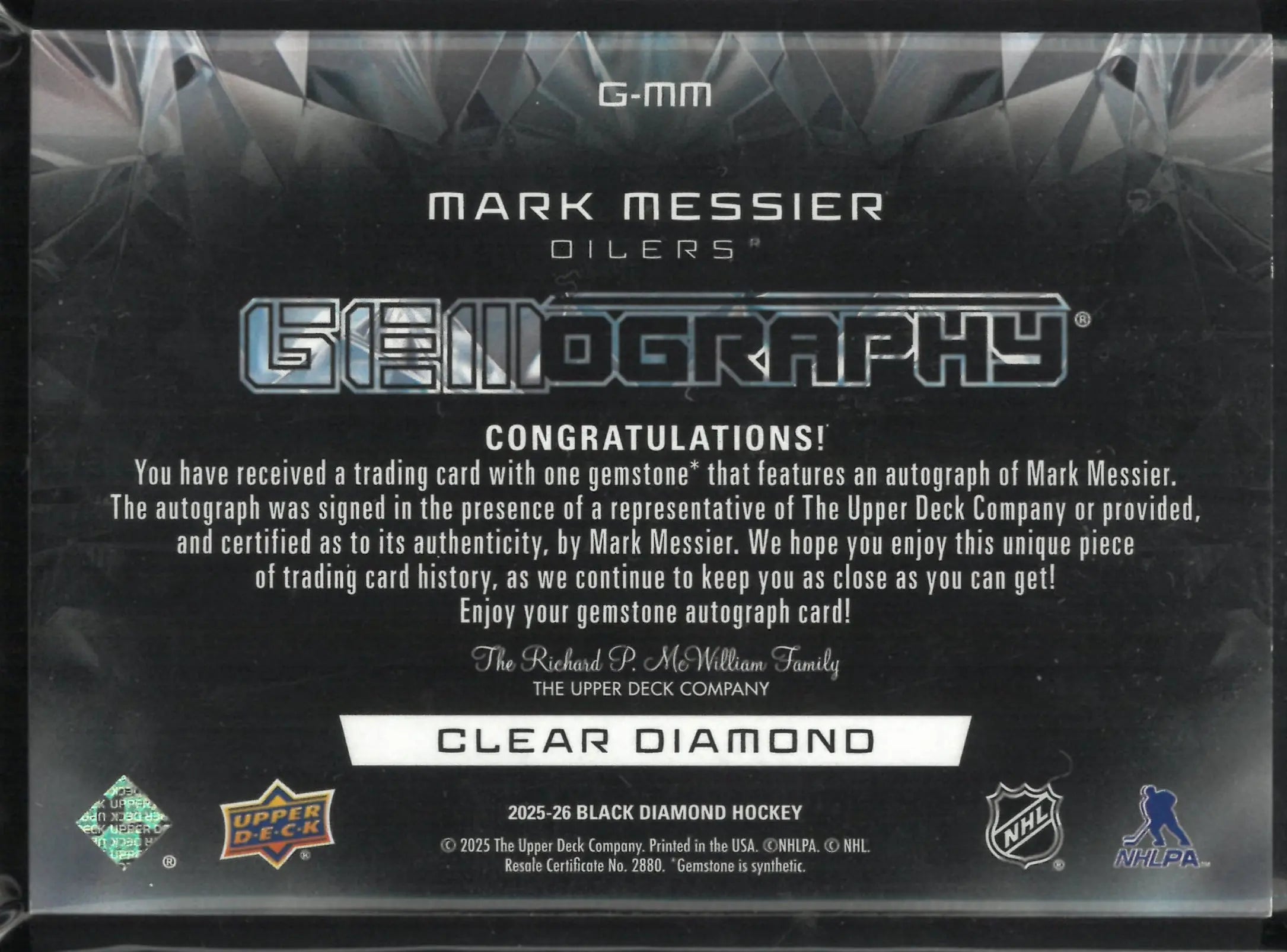 2025-26 Upper Deck Gemography Clear Diamond Mark Messier Autograph /25 