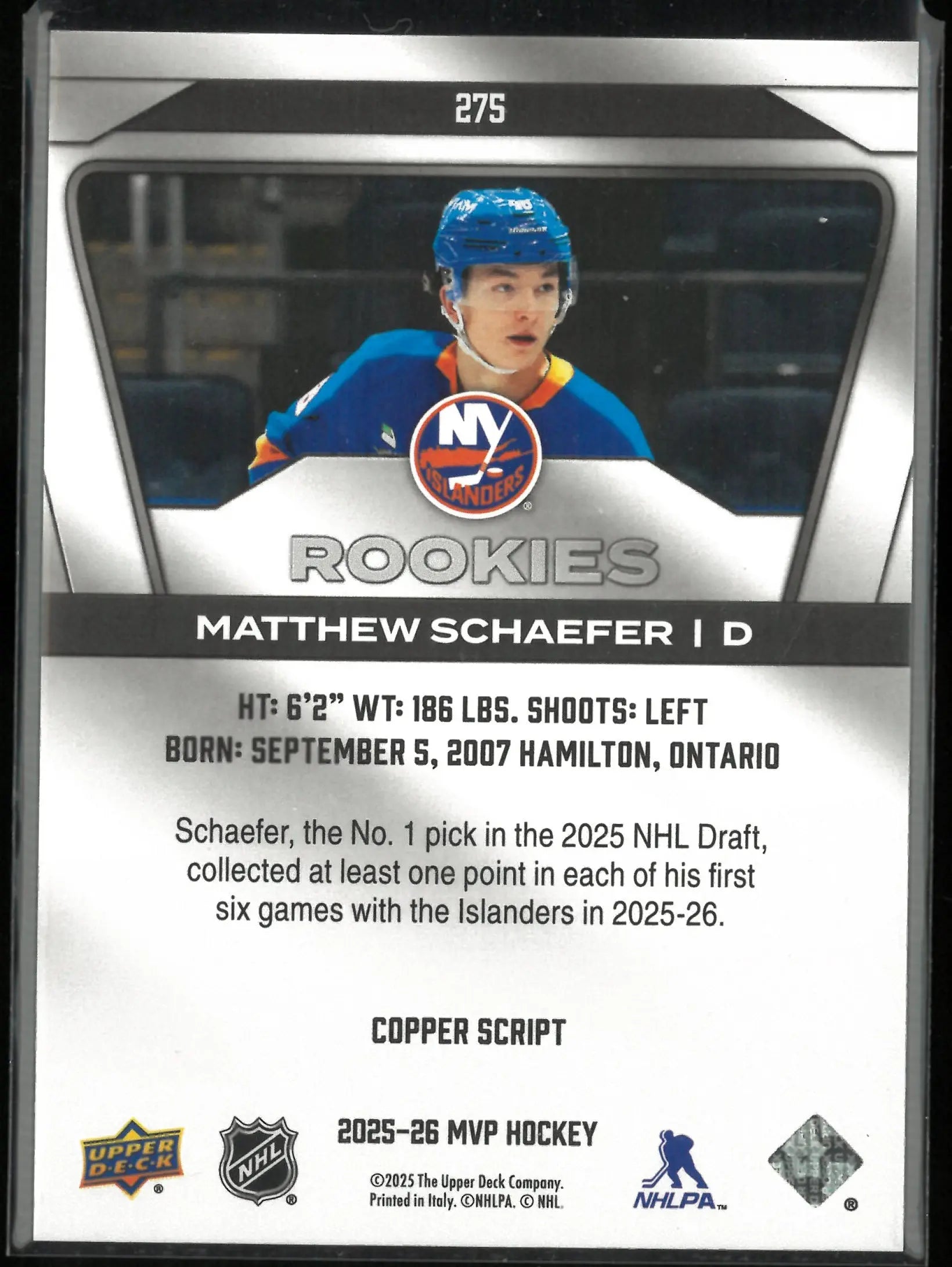 2025-26 Upper Deck MVP Copper Script Rookie Matthew Schaefer RC 