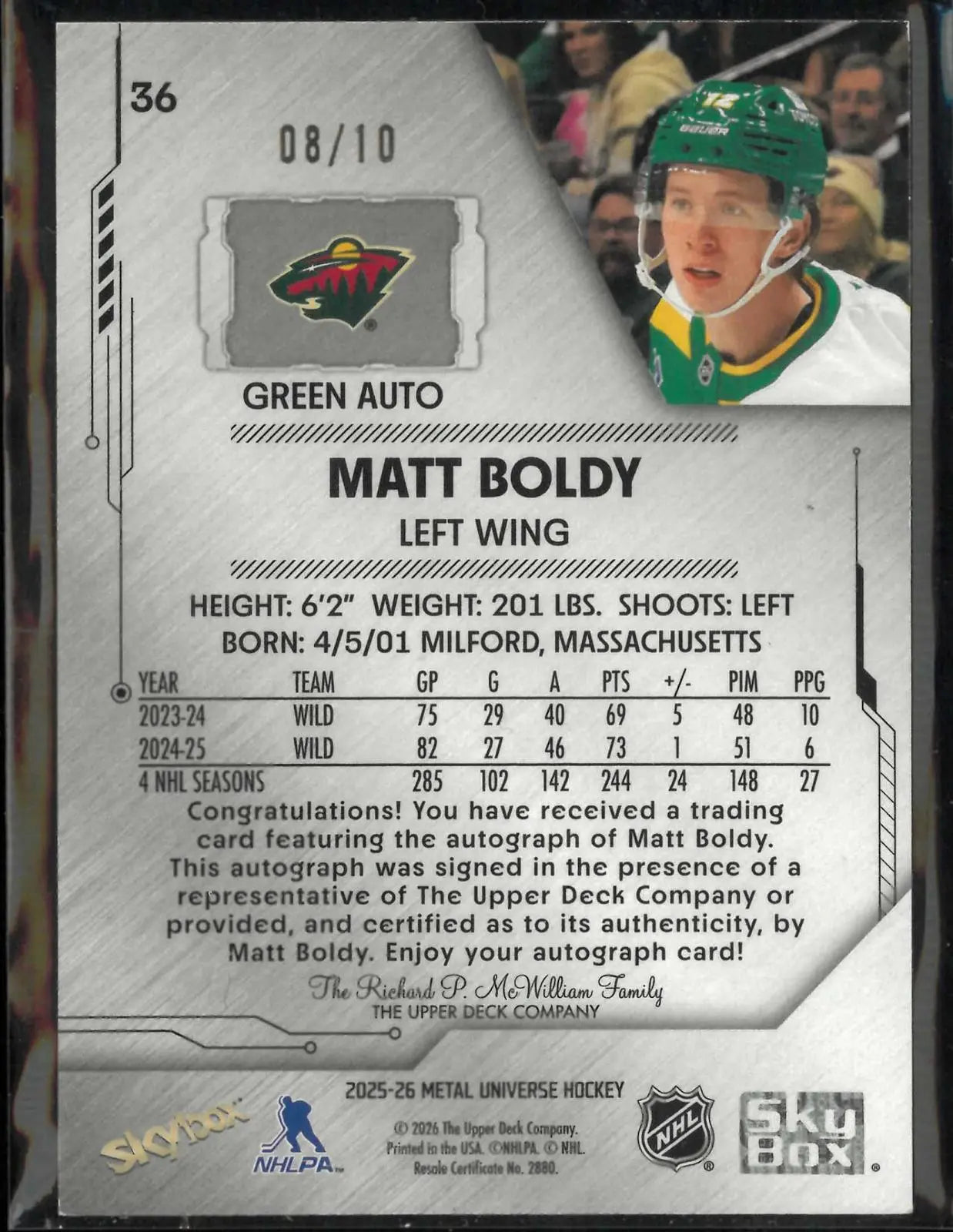 2025-26 Upper Deck Metal Universe Autograph Matt Boldy Auto Green /10 