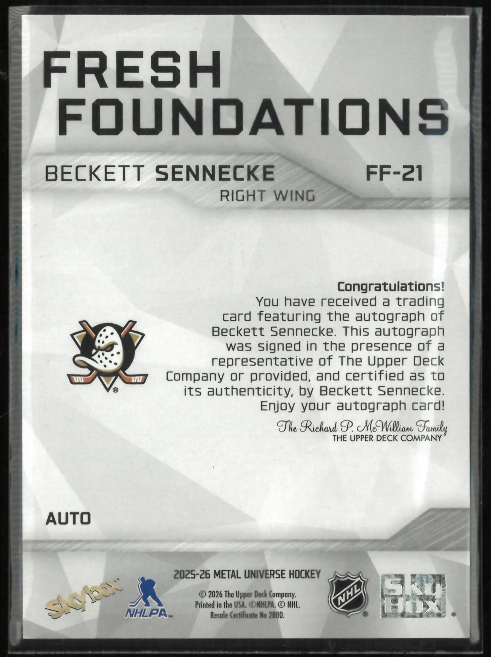 2025-26 Upper Deck Metal Universe Fresh Foundations Beckett Sennecke Autograph 