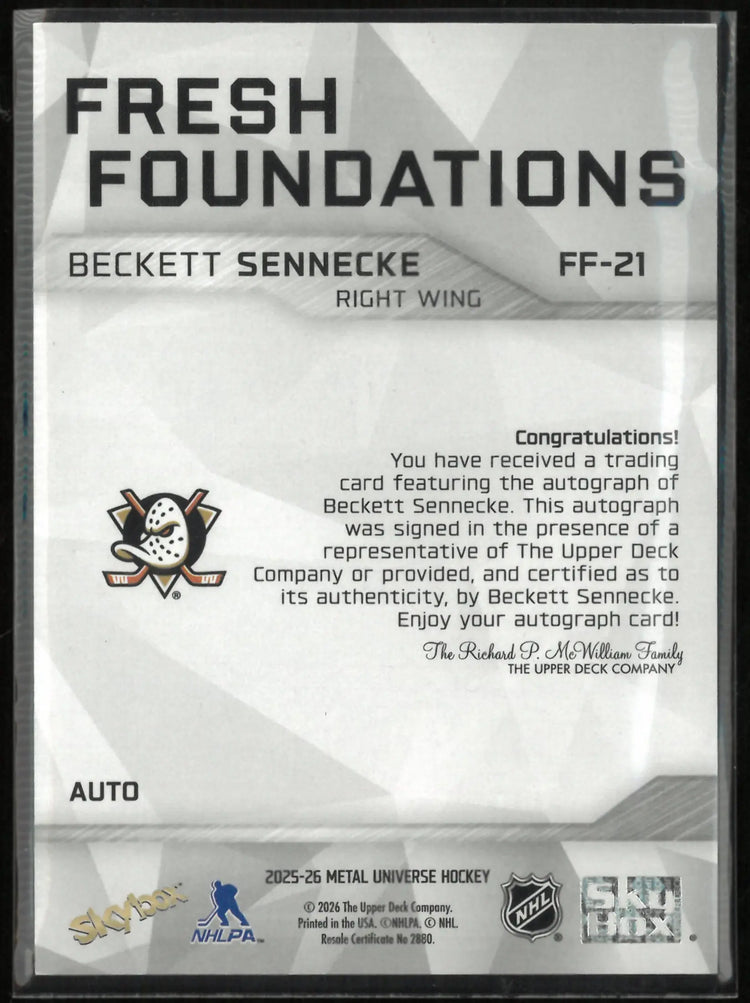 2025-26 Upper Deck Metal Universe Fresh Foundations Beckett Sennecke Autograph 