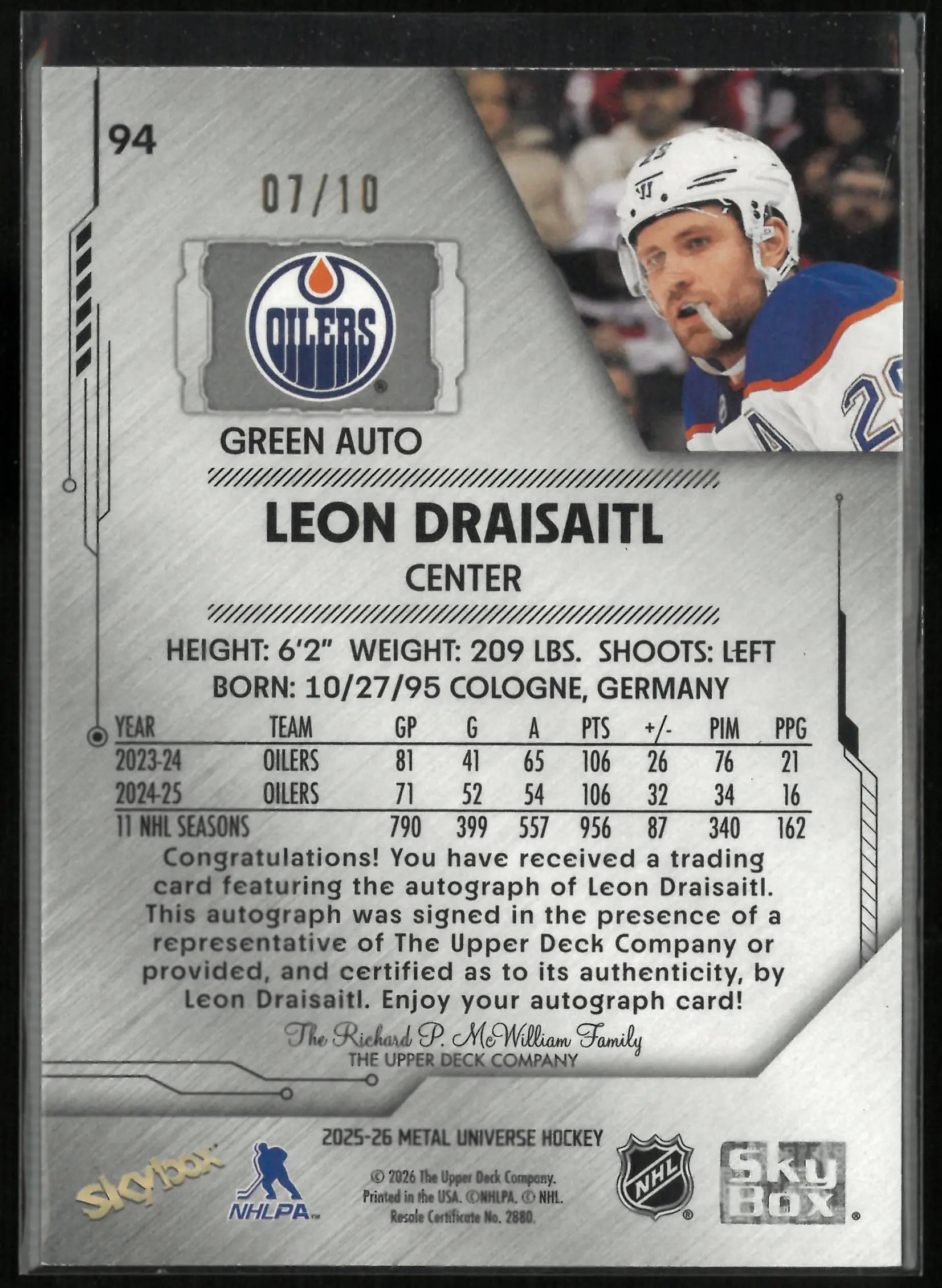 2025-26 Upper Deck Metal Universe Leon Draisaitl Green Autograph Auto /10 