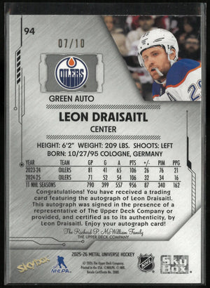 2025-26 Upper Deck Metal Universe Leon Draisaitl Green Autograph Auto /10 