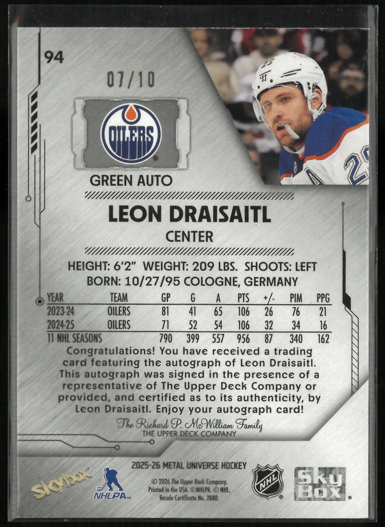 2025-26 Upper Deck Metal Universe Leon Draisaitl Green Autograph Auto /10 