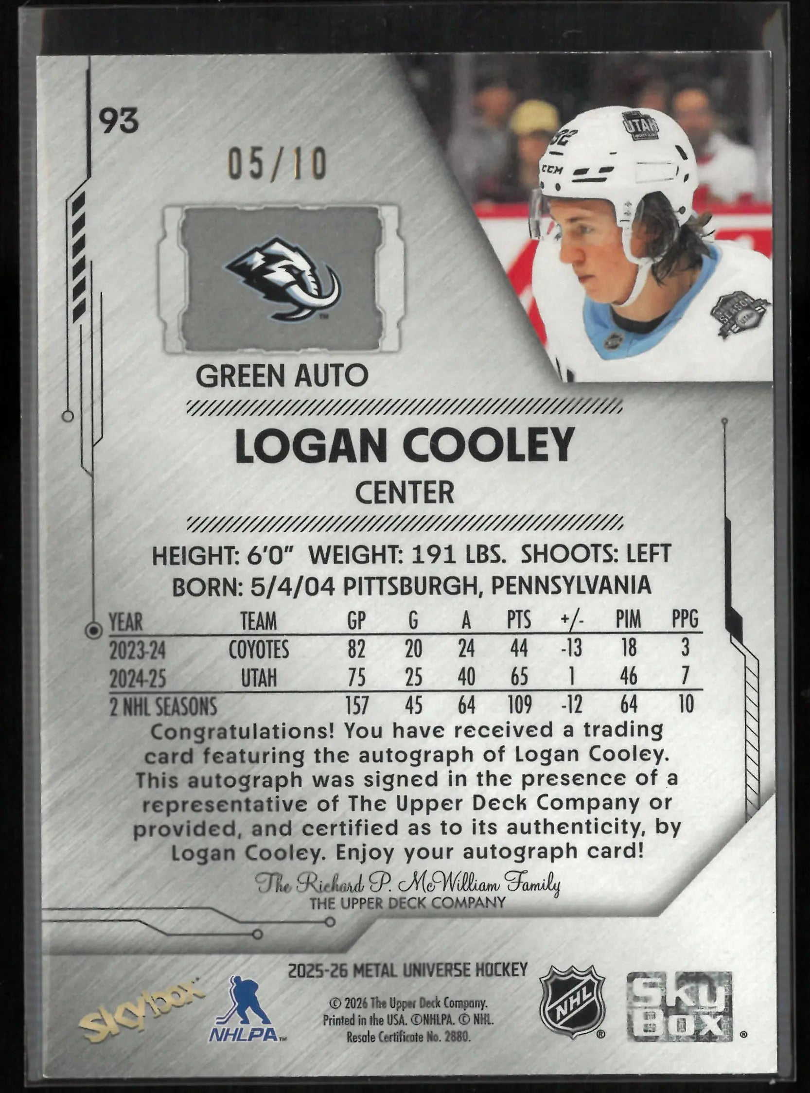 2025-26 Upper Deck Metal Universe Logan Cooley Green Autograph Auto /10 