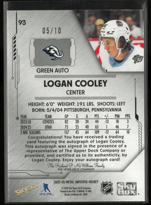 2025-26 Upper Deck Metal Universe Logan Cooley Green Autograph Auto /10 
