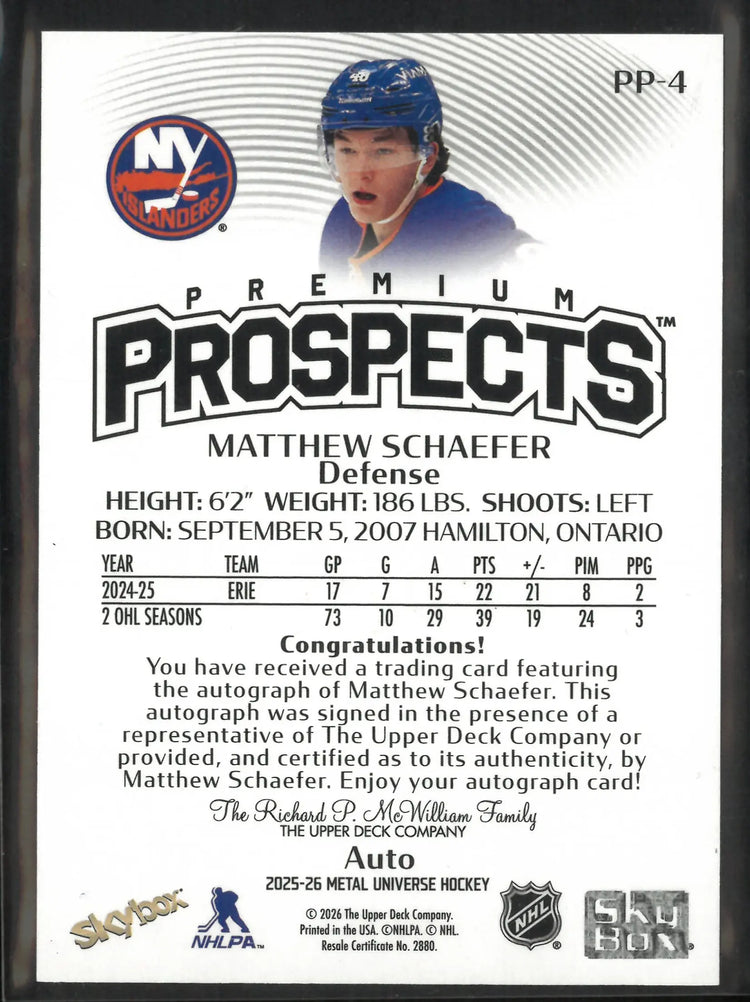 2025-26 Upper Deck Metal Universe Premium Prospects Matthew Schaefer Autograph Auto 