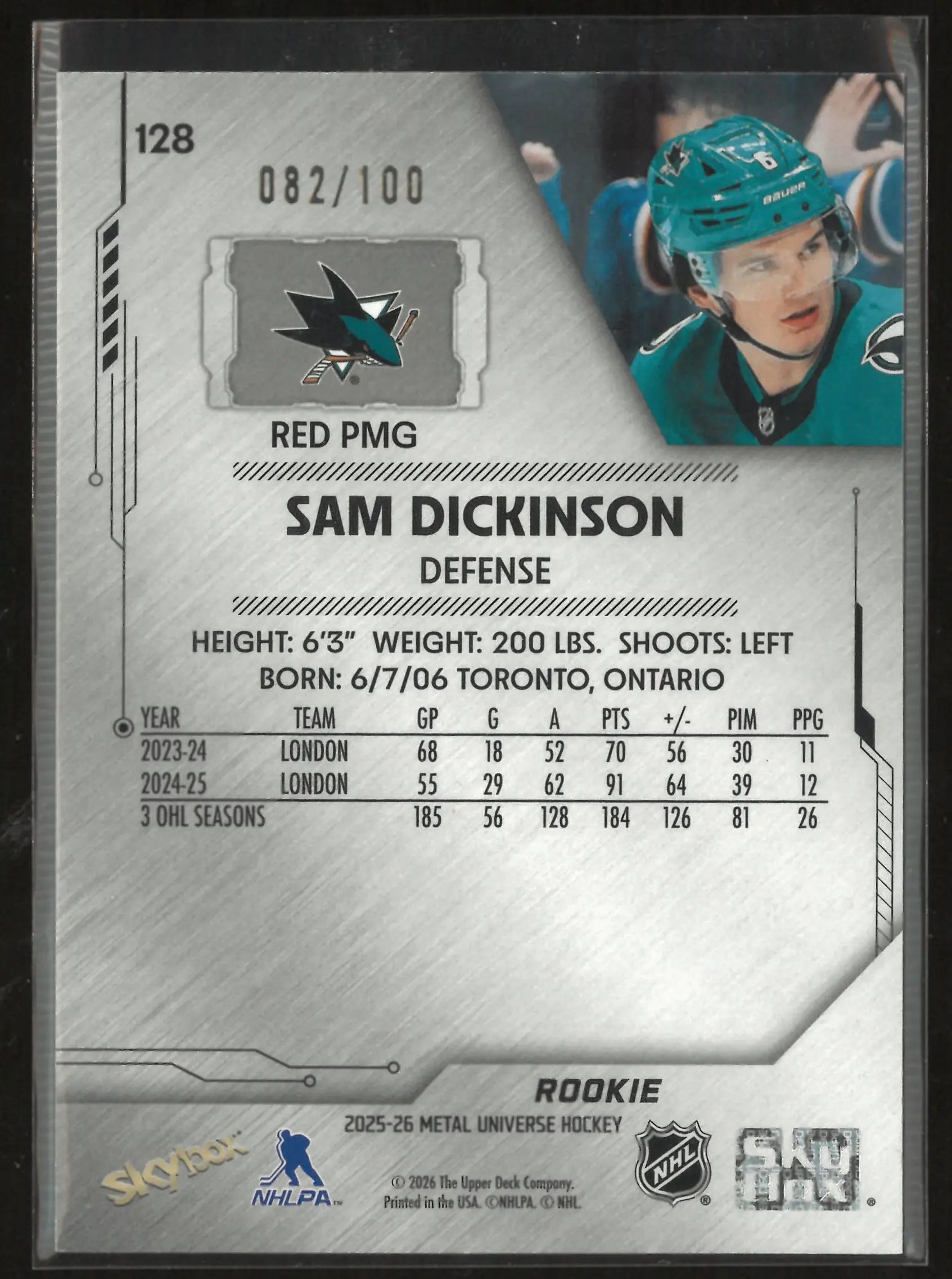 2025-26 Upper Deck Metal Universe Rookie Sam Dickinson Red PMG Red /100 