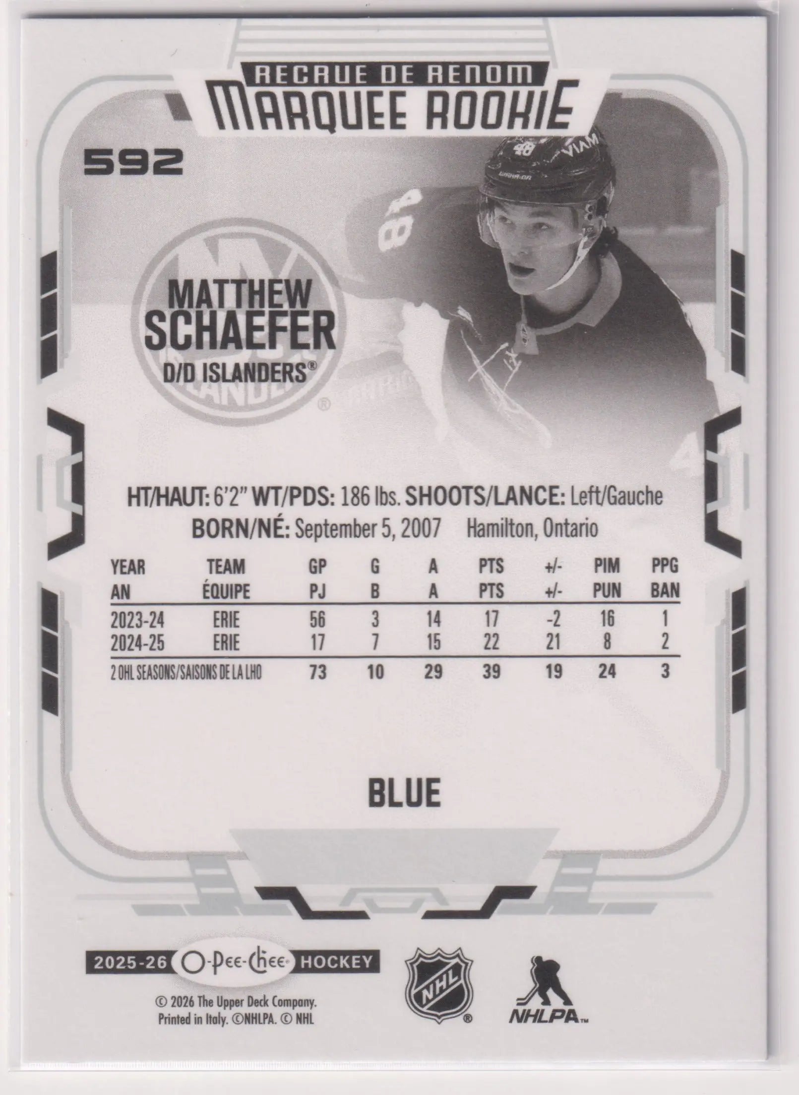 2025-26 Upper Deck O-Pee-Chee Marquee Rookie Matthew Schaefer Blue RC 