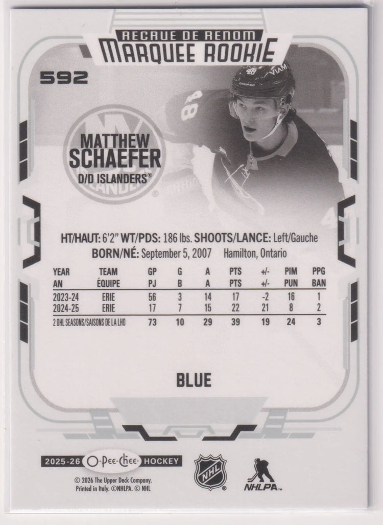 2025-26 Upper Deck O-Pee-Chee Marquee Rookie Matthew Schaefer Blue RC 