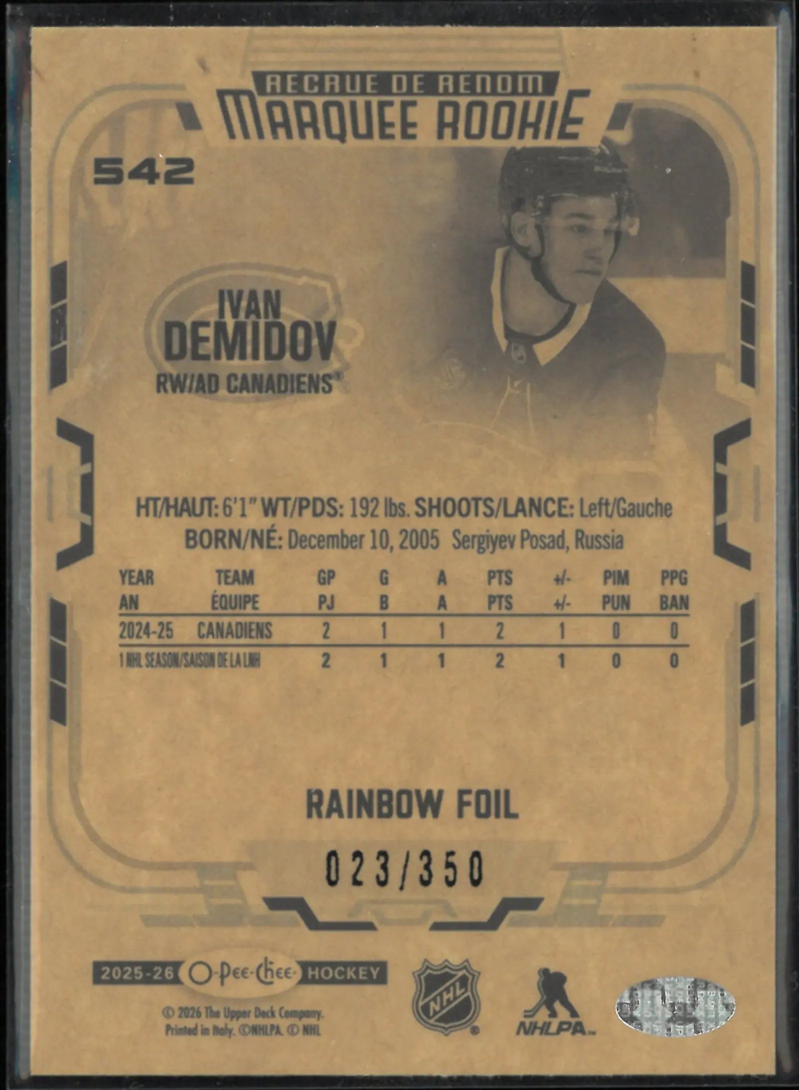 2025-26 Upper Deck O-Pee-Chee Rainbow Foil Marquee Rookie Ivan Demidov RC /350 