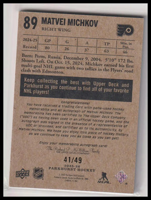 2025-26 Upper Deck Parkhurst Autograph Patch Matvei Michkov Auto /49 