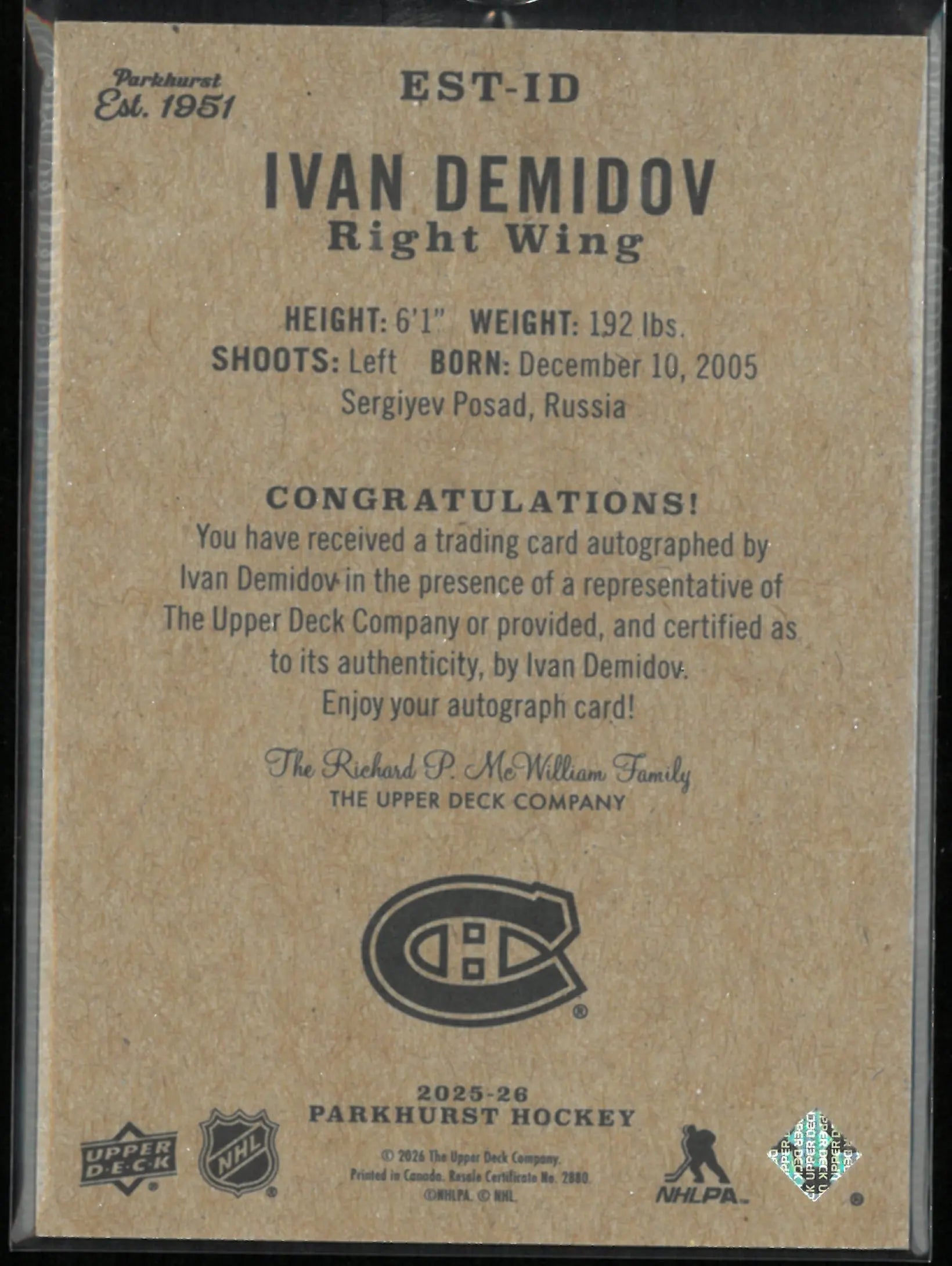 2025-26 Upper Deck Parkhurst Hockey EST. 1951 Rookie Auto Ivan Demidov 