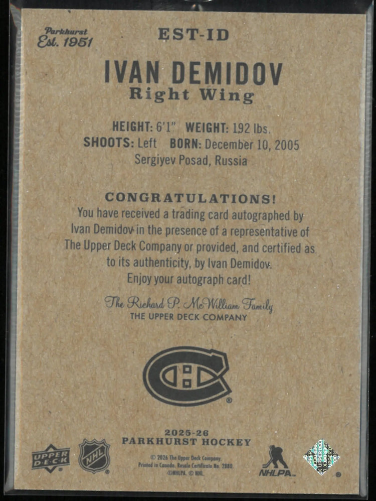 2025-26 Upper Deck Parkhurst Hockey EST. 1951 Rookie Auto Ivan Demidov 